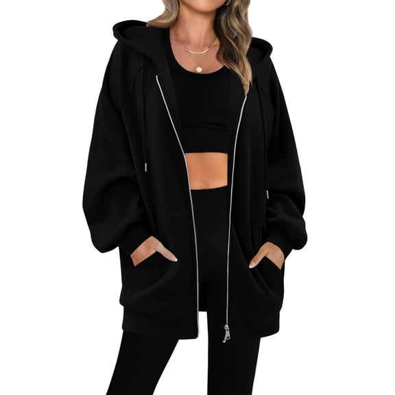 Hvyesh Long Hoodies for Women Long Sleeve Hooded Sweatshirts Solid Comfort Zip Up Jackets Coat with Pockets