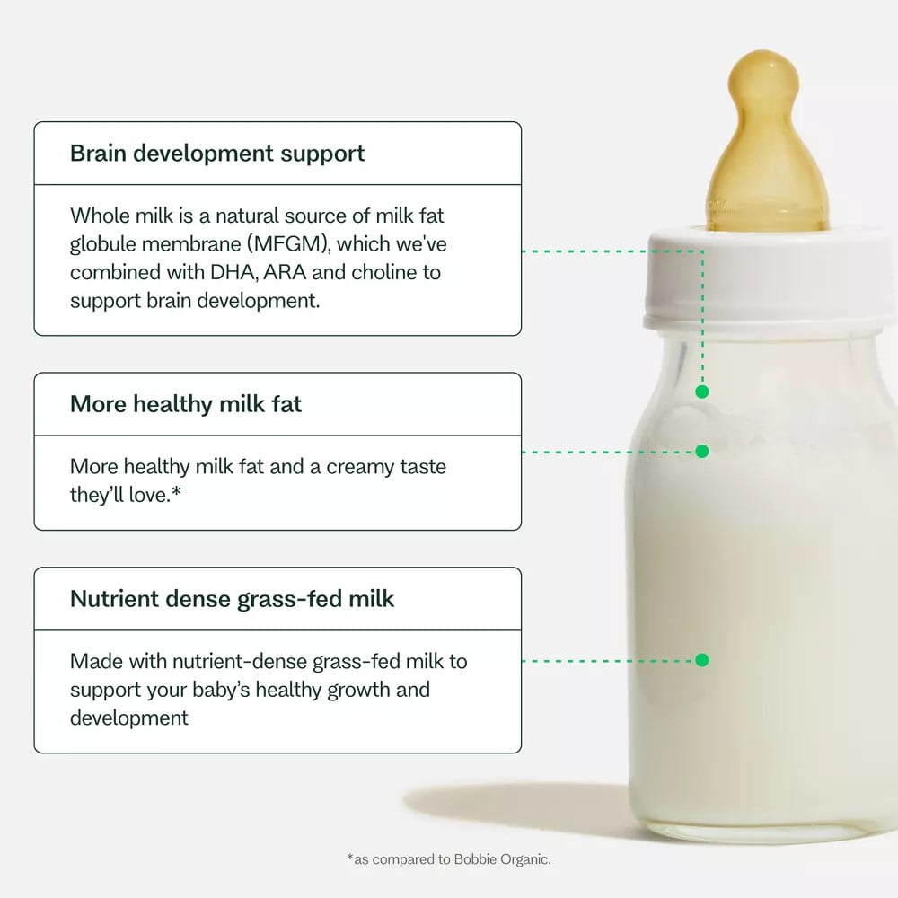(4 pack) Bobbie Whole Milk Infant Formula for Everyday Feeding, Milk-Based Powder with 1.2mg Iron, Organic Grass-Fed Whole Milk Recipe, 14.1 oz Can