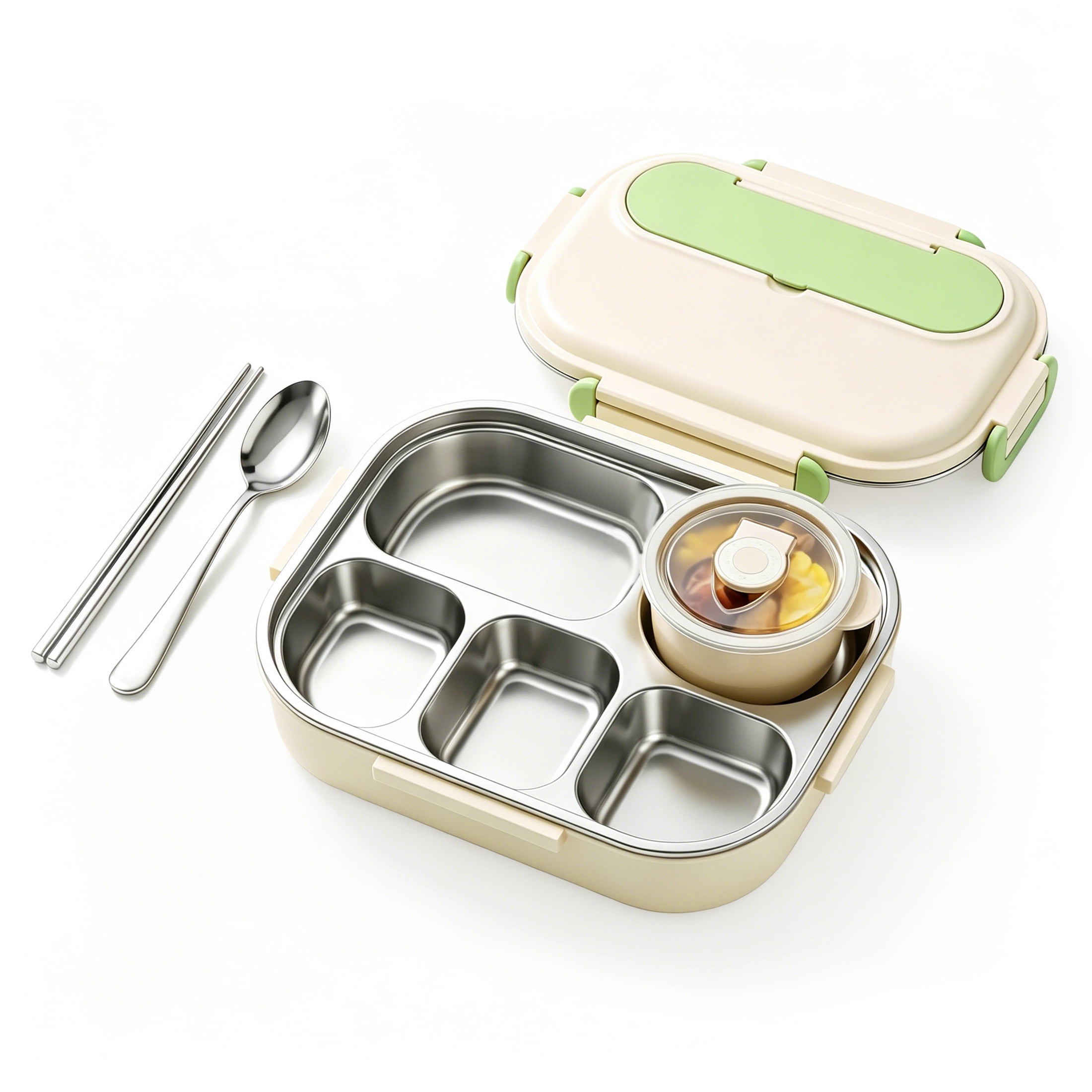 M Buder Bento Box for Kids, Leak-Proof 304 Stainless Steel Child Lunch Box with 5 Compartments , Double Insulated Food Jar, Fork, Spoon, Green