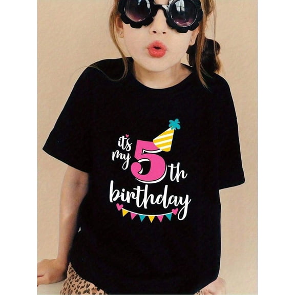children’s wear Cute Girls It's My 5th Birthday T-Shirt Retro Pink Number 5 Graphic Tee for Kids Birthday Party Outfit