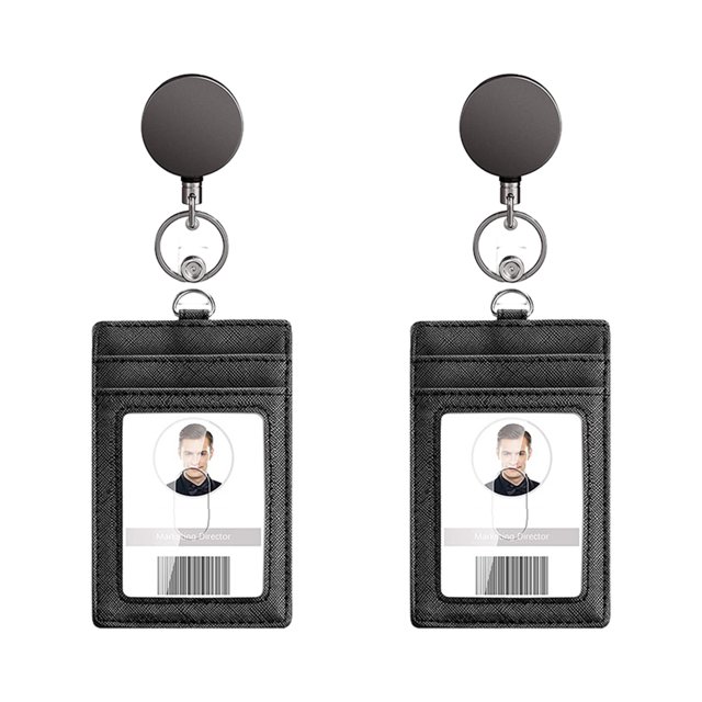 Paquete de 2 soportes para credenciales y clips de carrete retráctiles resistentes, soportes verticales para tarjetas de identificación de cuero con 1 ventana de identificación transparente
