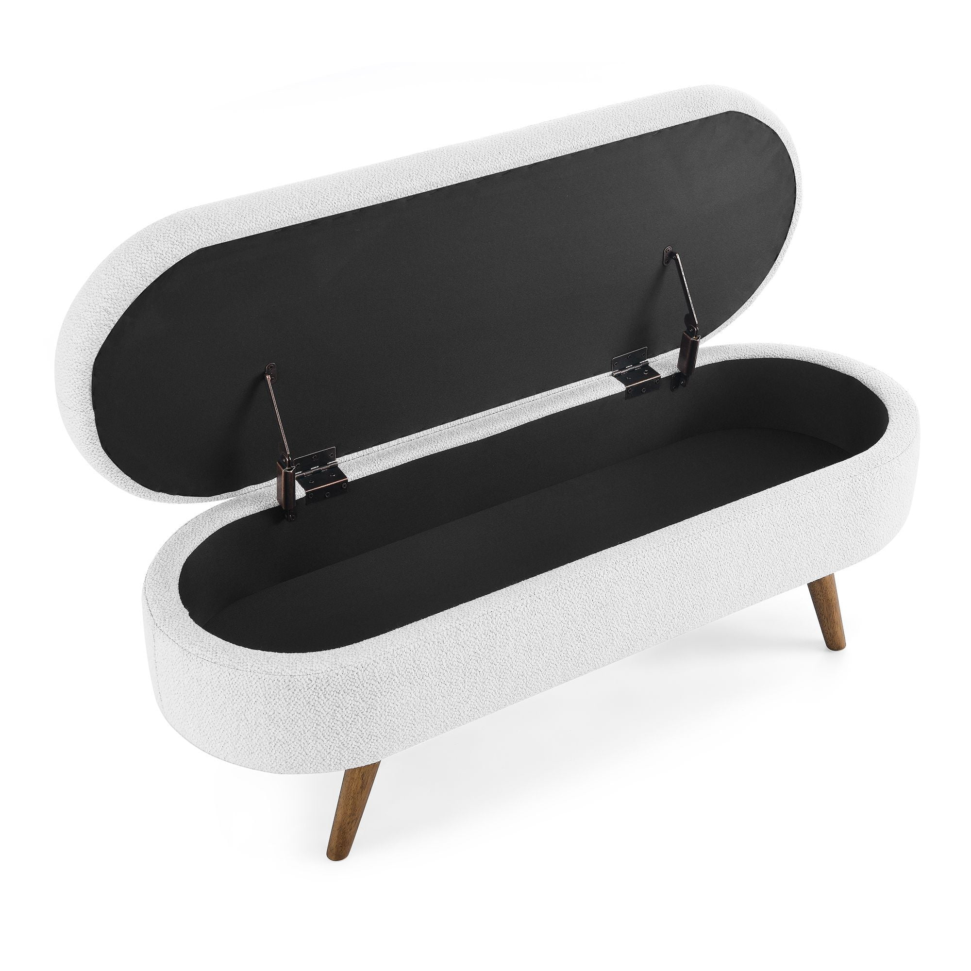 DEALTOPS 3D Linen Fabric Ottoman, Oval Storage Bench with Storage Space and Rubber Wood Legs, White