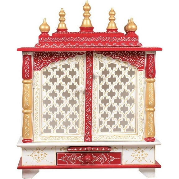 TAM Creatio Wooden Pooja Mandir Indian Hindu Decoration Puja Cabinet Temple Bhagwan Stand Mandapam Wall Hanging Decor for Home in USA (White Red)
