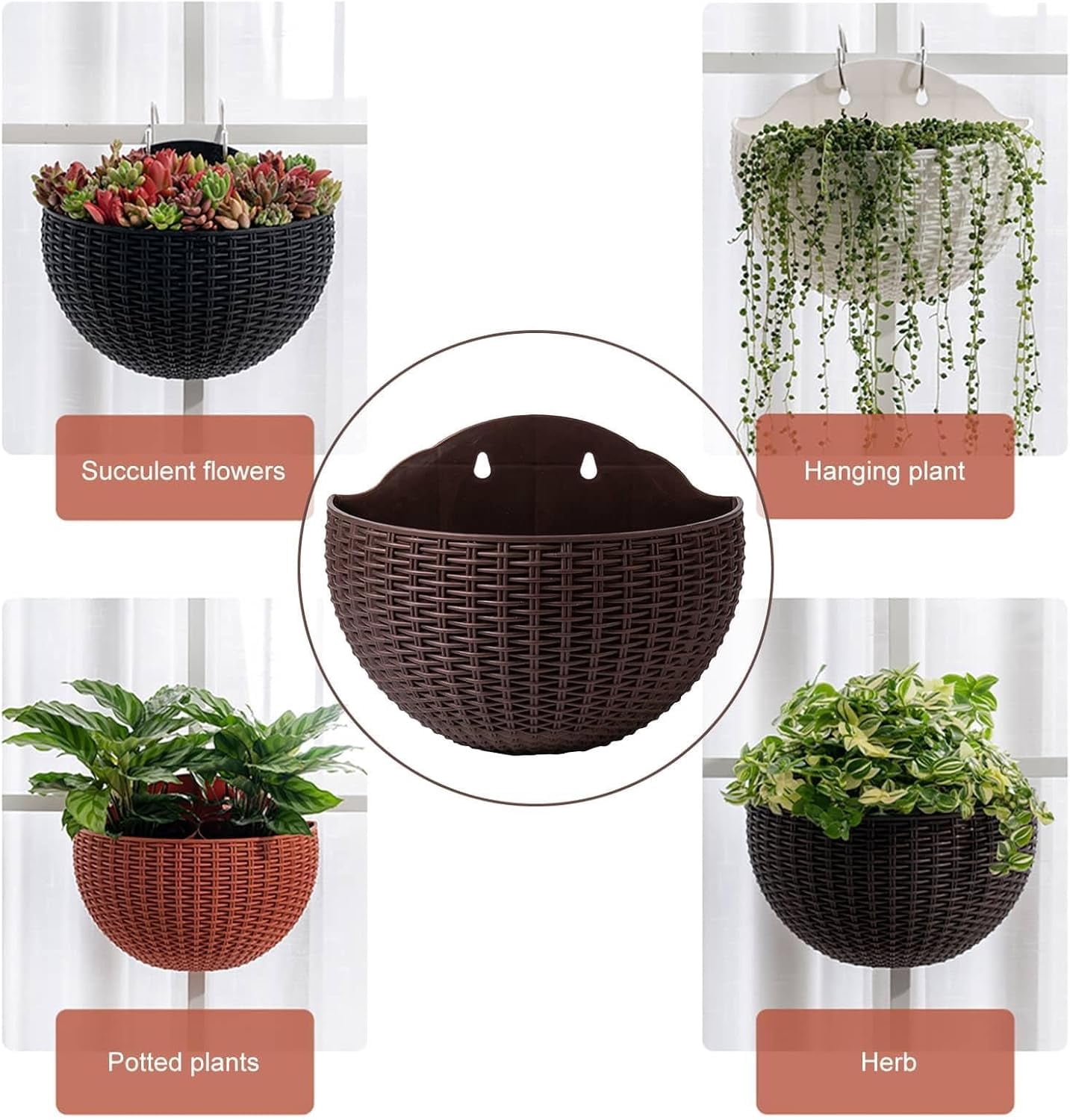 Generic Hanging Wall Planter 2Pcs Imitation Rattan Semicircle
