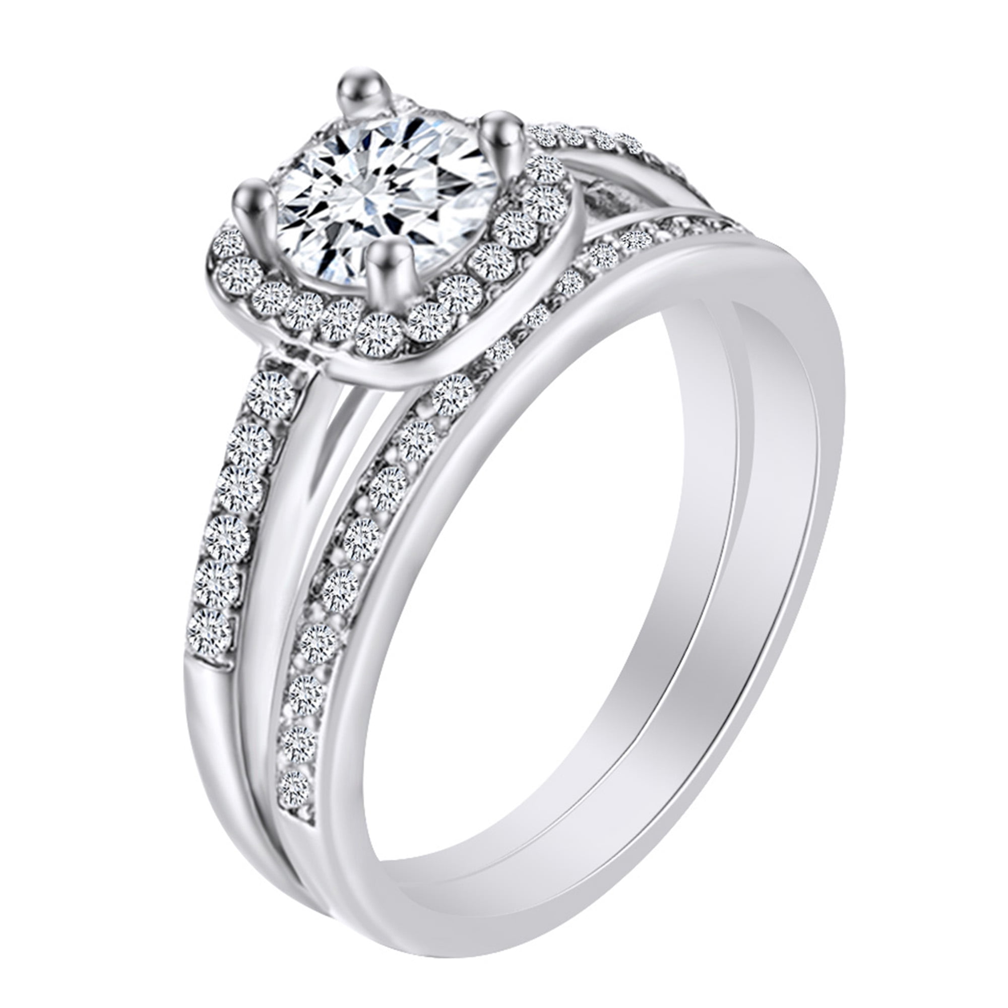 Round Shape White Cubic Zirconia Engagement Wedding Bridal Ring Set 14k ...