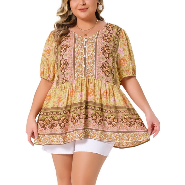 Camisas de verano de mujer plus size con cuello en V y mangas cortas de linterna Agnes Orinda, blusas boho de peplum floral 4X amarillas