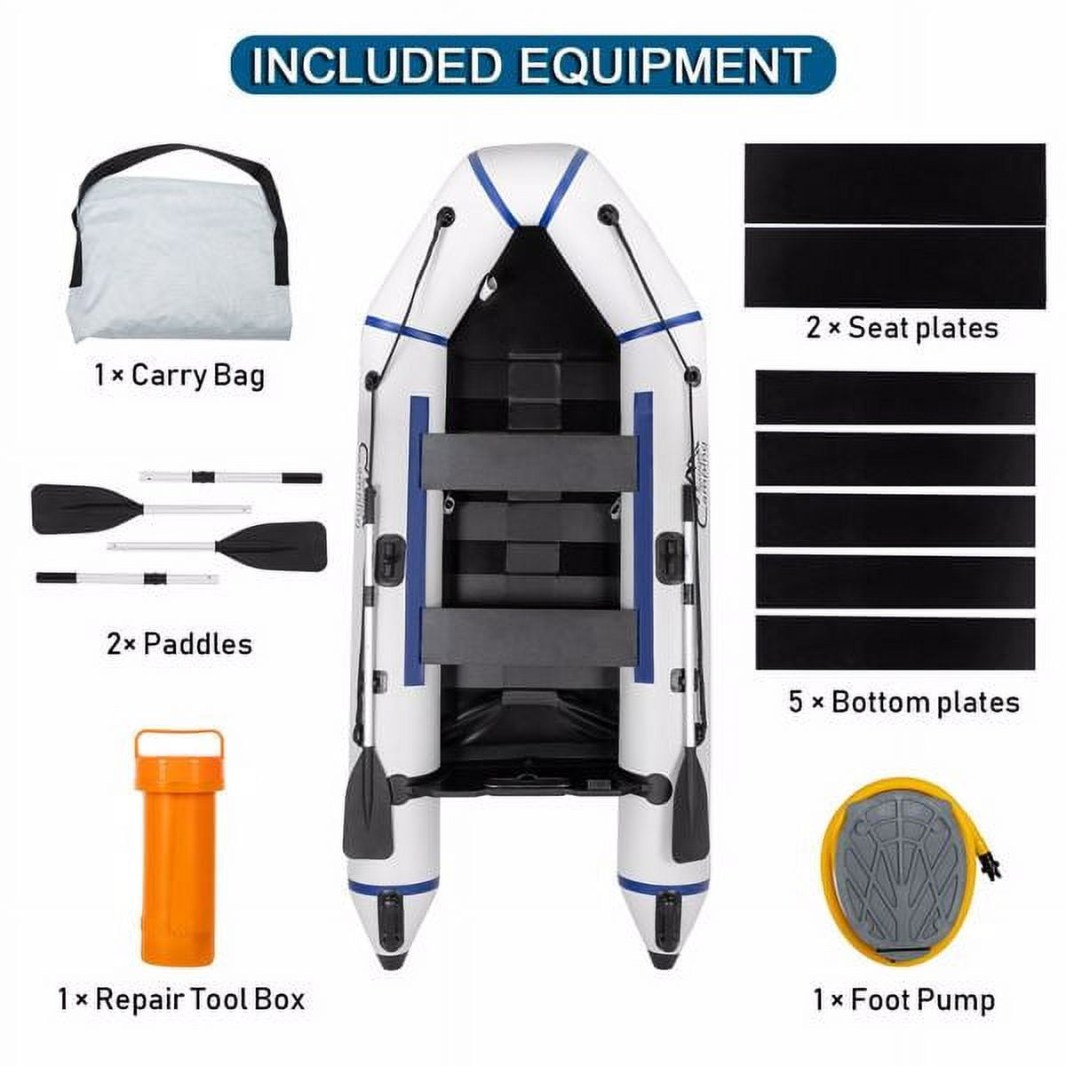 Water Adult Assault Boat Off-White/ Hard Deck & Paddle Lock - 726LB PVC Dinghy Kit w/ Pump, Oars & Bag