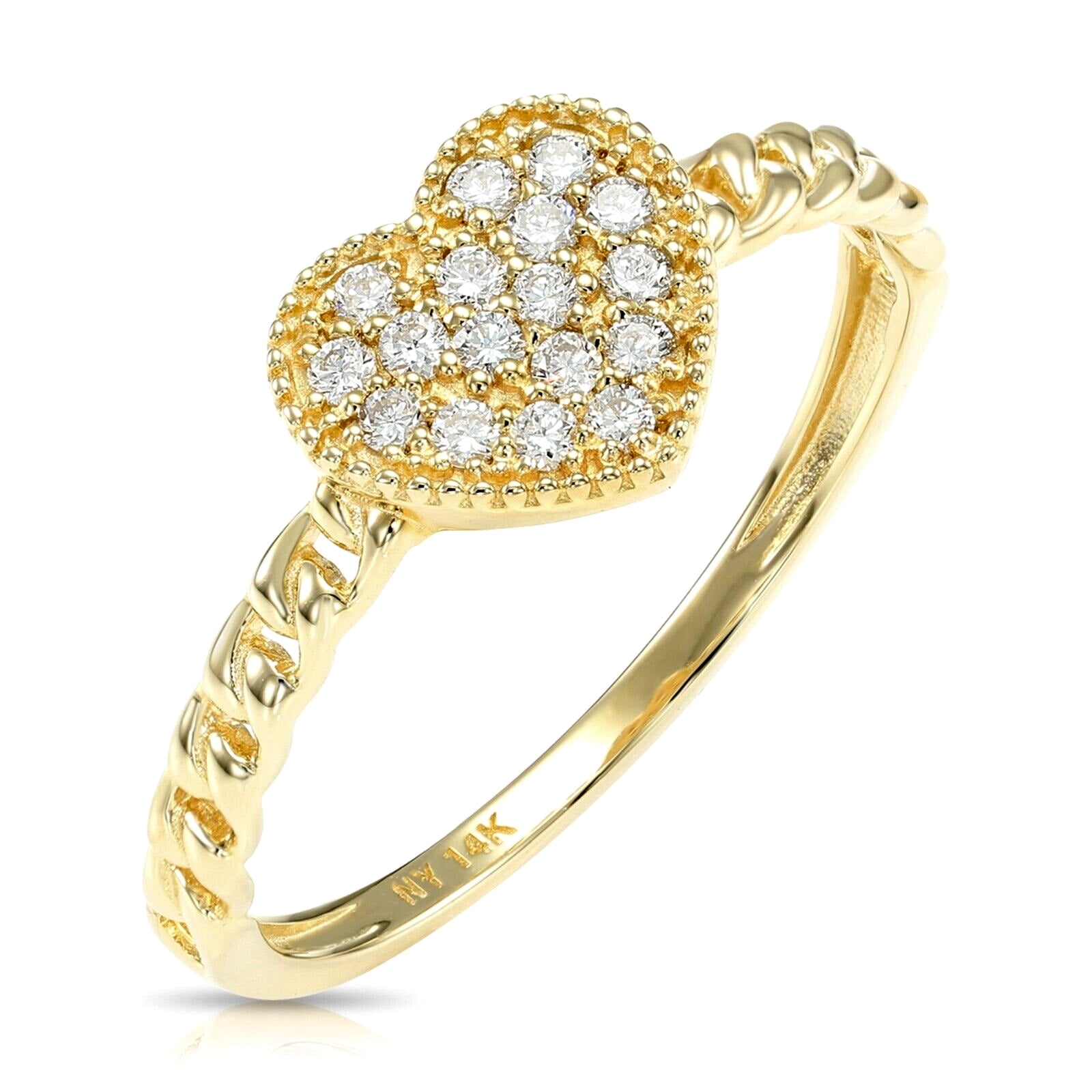 Tilo Jewelry 14K Yellow Gold .17 Carat Diamond Heart Statement Engagement Wedding Ring with Beaded Band | Size 5 | Dainty Heart Diamond Ring for Women & Girls