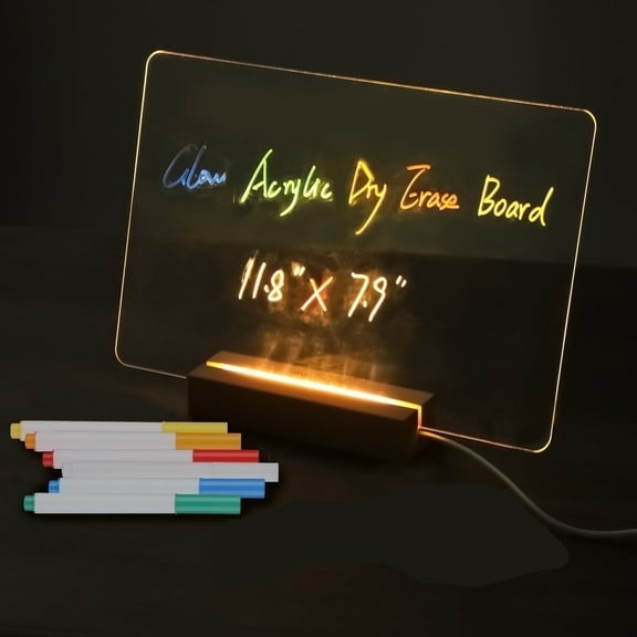 Acrylic Dry Erase Board with Light, 11.8" x 7.9" Acrylic Clear White board Glow Memo Tablet LED Letter Message Board with Stand, with 6 Pen for Home Office