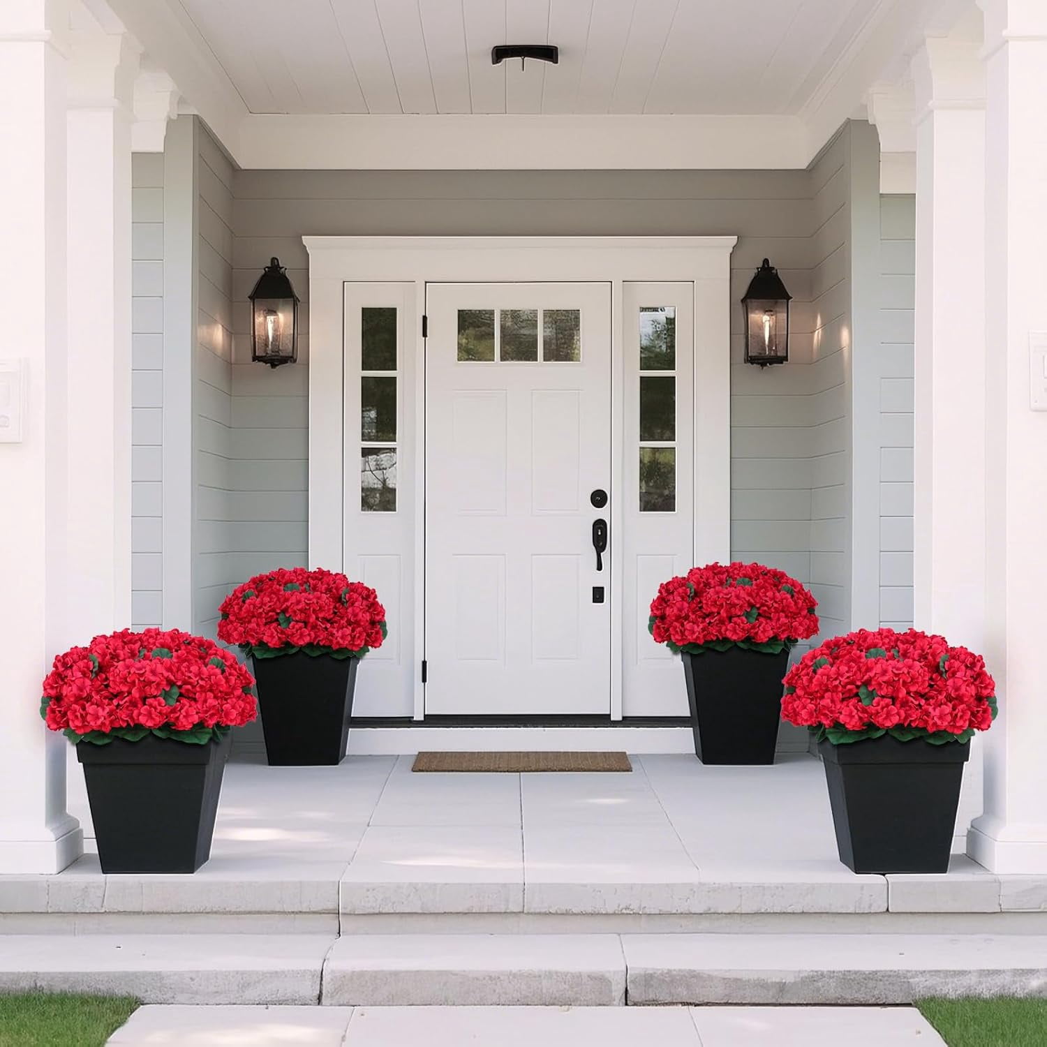 18 Inch Artificial Geranium Topiary Set of 2 - Red Silk Faux Flowers  Potted Plants for Outdoor Indoor Porch Garden Home Decor