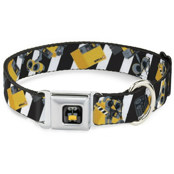 Disney Pet Collar, Dog Collar Metal Seatbelt Buckle, Wall E Poses Stripe Black White, 9.5 to 13 Inches 1.0 Inch Wide