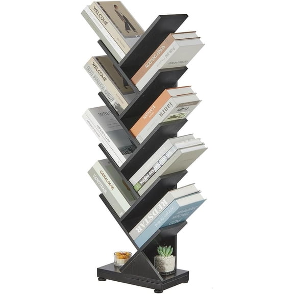 9 Tier Tall Tree Bookshelf, Small Bookcase 11.8"*7.4"*38.4" (Black) | Retro Narrow Bookshelves for CDs/Magazines, Book Shelf for Bedroom, Living Room, Office, Balcony, Study Room