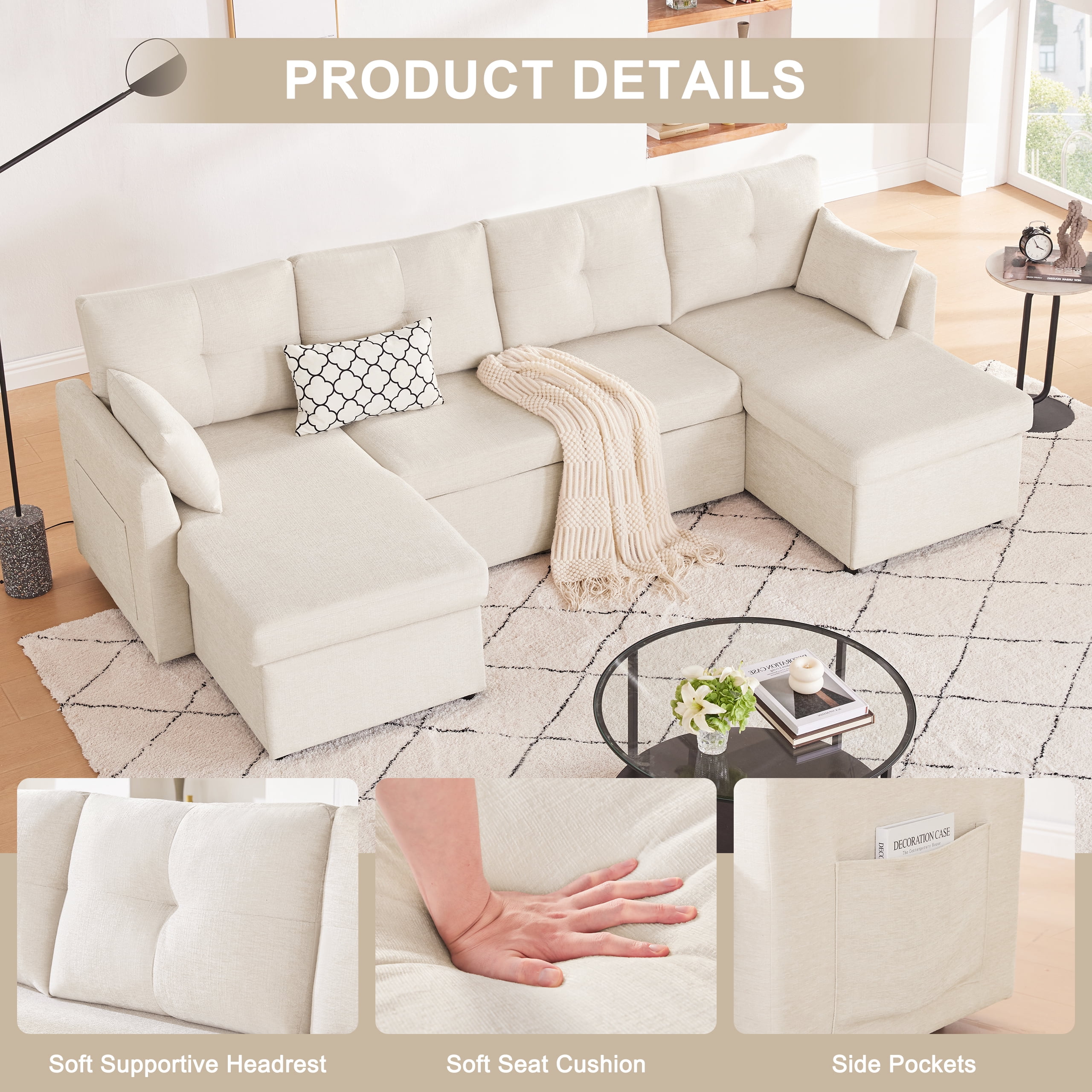 Weture Sectional Sleeper Sofa, 2 in 1 Pullout Couch Bed with Storage Chaise and Pillows, Side Pocket, Beige