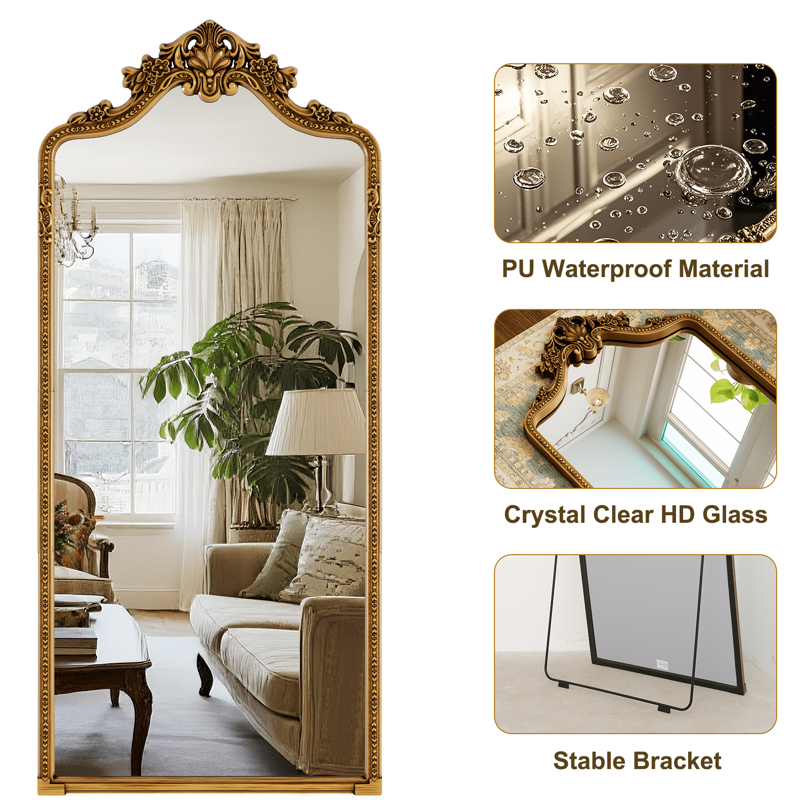 Easy4Home 71"x32" Arched Full-Length Floor Mirror, Luxurious Vintage Design with Ornate Carving, Antique Gold