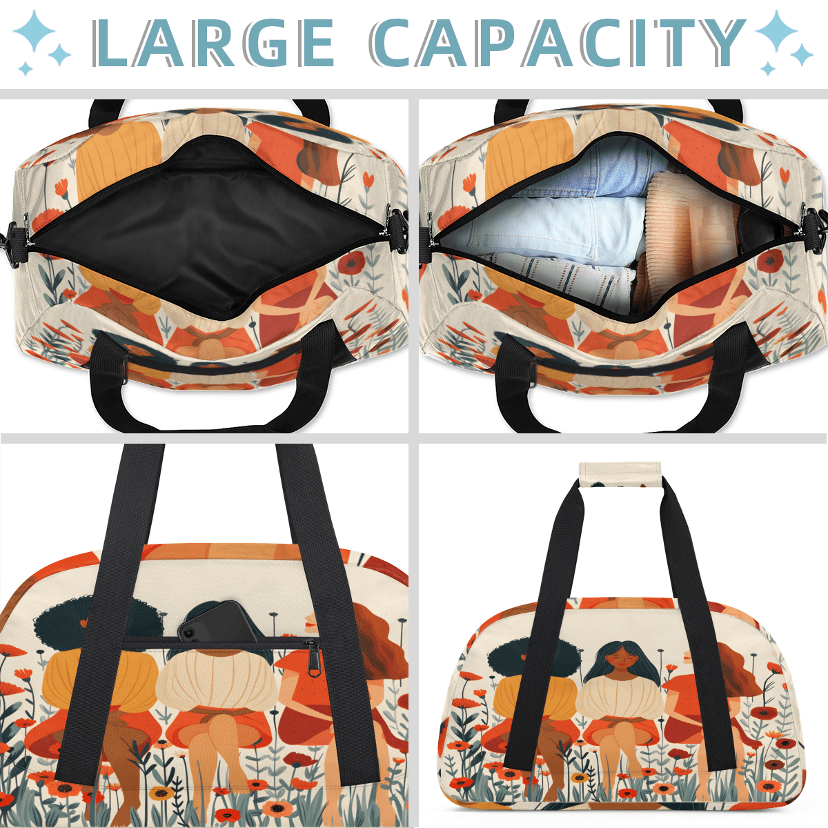 Herdesigns Sisters Theme Sports Duffle Bag for Women & Men, Floral Gym Bag Dance Bag Overnight Bag Carry On Weekender Travel Bag