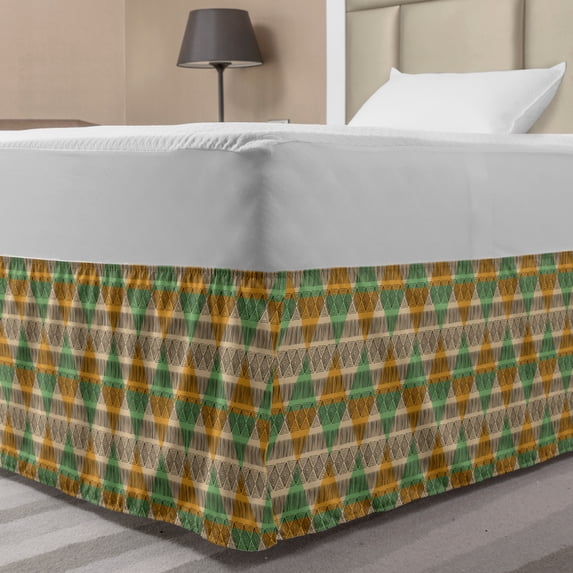 African Bed Skirt, Funky Folk in Geometric Diagonal Stripes Earth Tones Repetition, Elastic Bedskirt Dust Ruffle Wrap Around for Bedding Decor, 4 Sizes, Pale Coffee Beige and Green, by Ambesonne