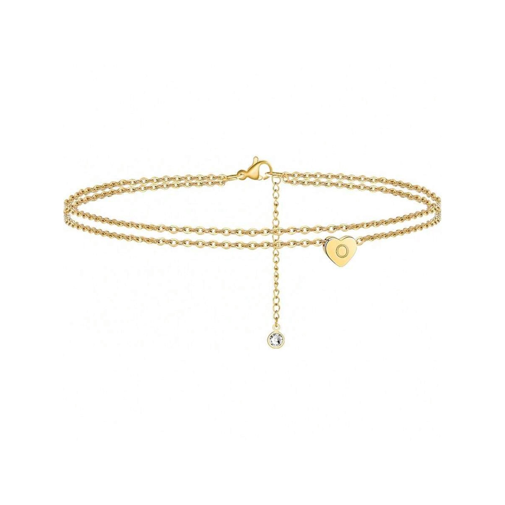 Layered Goldtone Heart Initial Anklet With Crystal Charm - O
