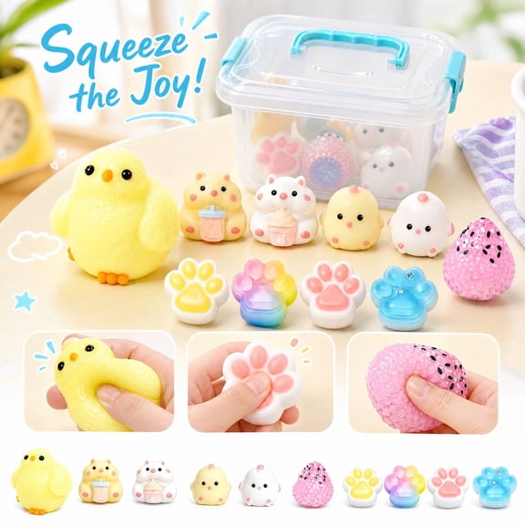 10Pc Mochi Squishy Fidget Toys Set, Cute Animal Paw Squeeze Toys with Storage Box, Soft Stress Relief Mini Squishies for Kids Party Favors Gift