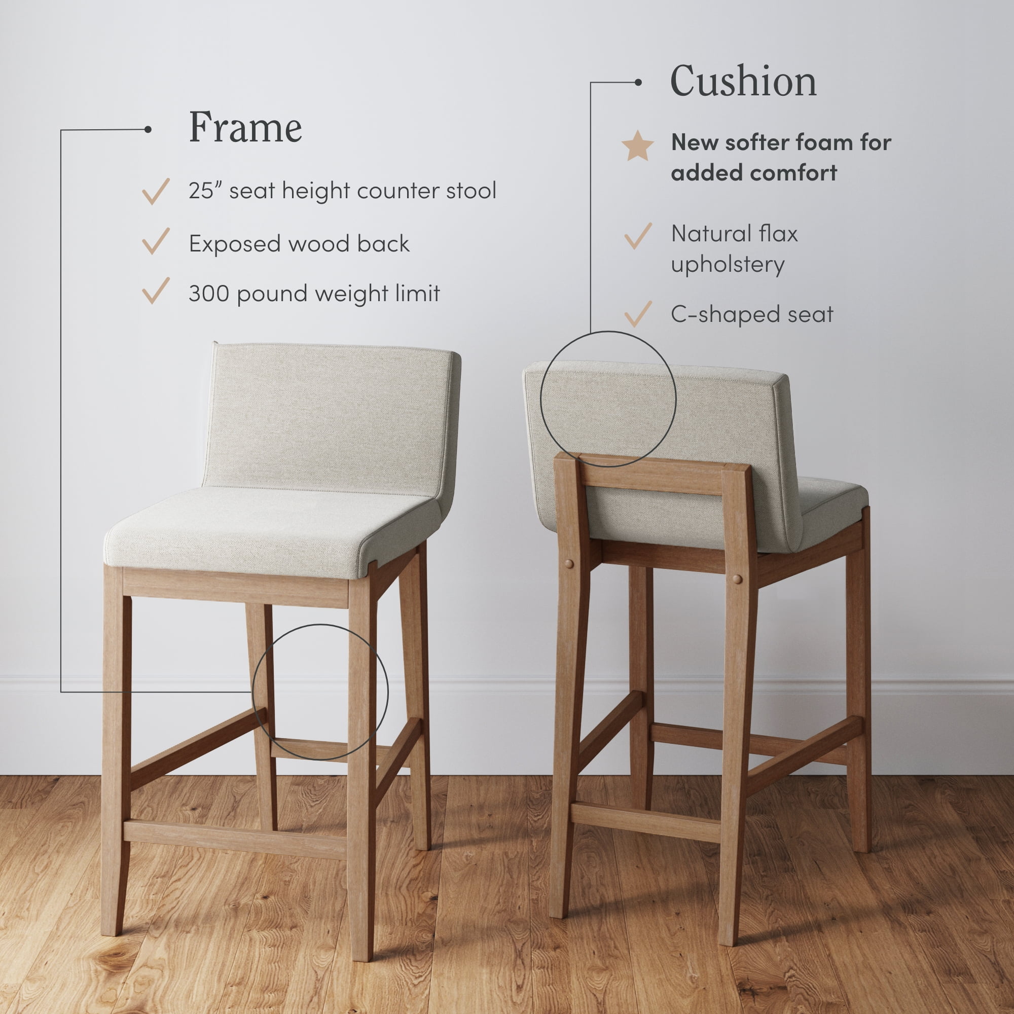 Nathan James Gracie Counter Height Upholstered Bar Stool, Natural Flax/Light Brown