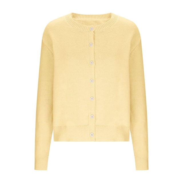 Womens Winter Knit Cardigan Long Sleeve Button Down Cardigans Sweater Fall Soft Crew Neck Loose Tops Yellow, S