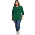 thumbnail image 2 of GRACE & GRANDEUR Women's Plus Size Tunic Tops Pintuck Pleated V Neck 3/4 Sleeve Henley Button Shirts Casual Blouses 3X Dark Green, 2 of 5
