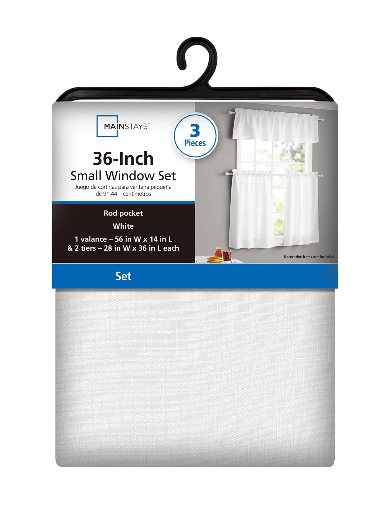 Mainstays Rod Pocket Tier and Valance Kitchen Curtain Set, 3-Piece, White, 56" W x 36" L