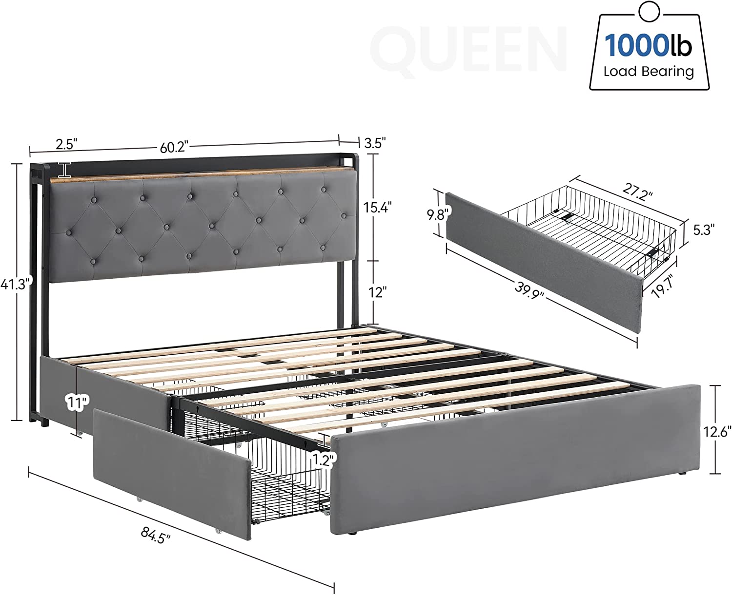 Juiluna Queen Bed Frame with 4 Storage Drawers and Charging Station,Grey Queen Upholstered Bed Frame with Storage Headboard No Box Spring Needed Noise-Free (Queen)
