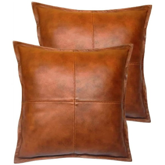 Lambskin Leather Pillow Cover  Sofa Cushion Case - Decorative Throw Covers for Living Room & Bedroom Set of 2 14 x 14