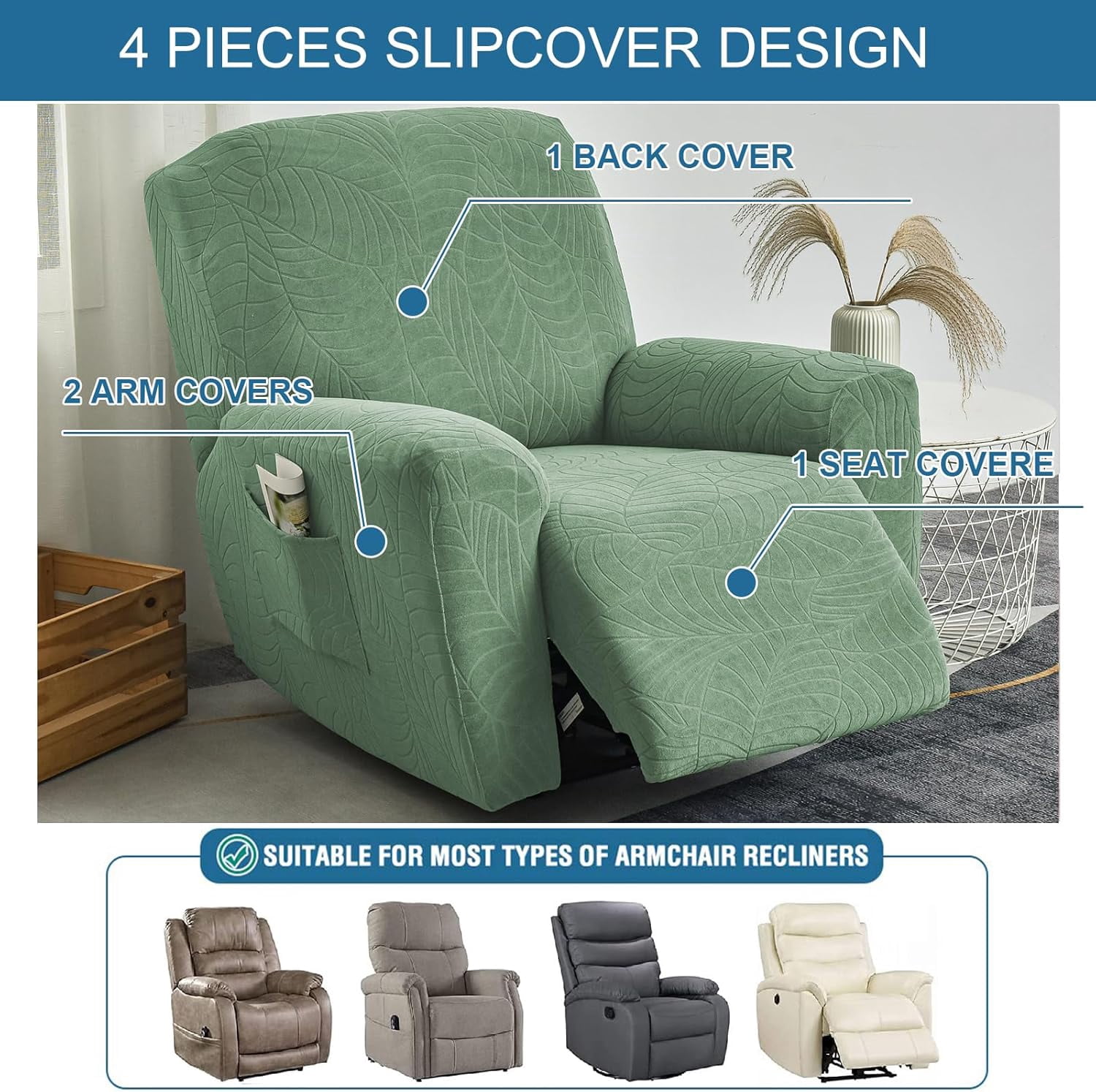 CHUNTIAN Stretch Recliner Slipcovers Printed Sofa Cover 4-Piece Fallon Collection Slipcover Lazy Boy Chair Covers Furniture Protector Recliner Chair Cover with Storage Pocket for Living Room, A2