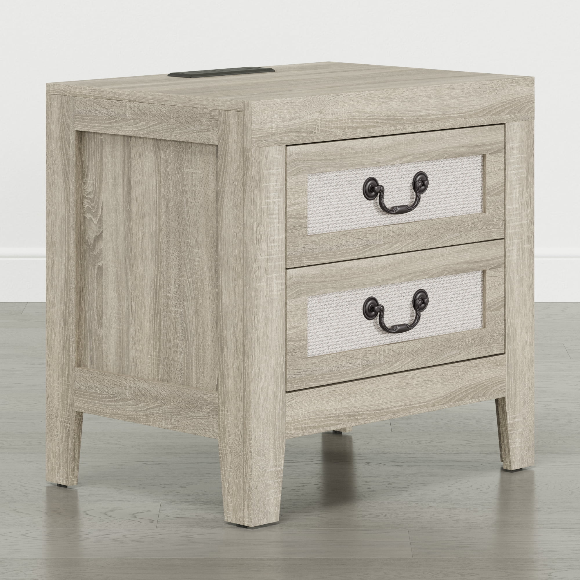 Spruce & Spring Modern Transitional Nightstand, 2-Drawer End Table with Charging Station, Fabric Drawer Front, Natural Wood Finish
