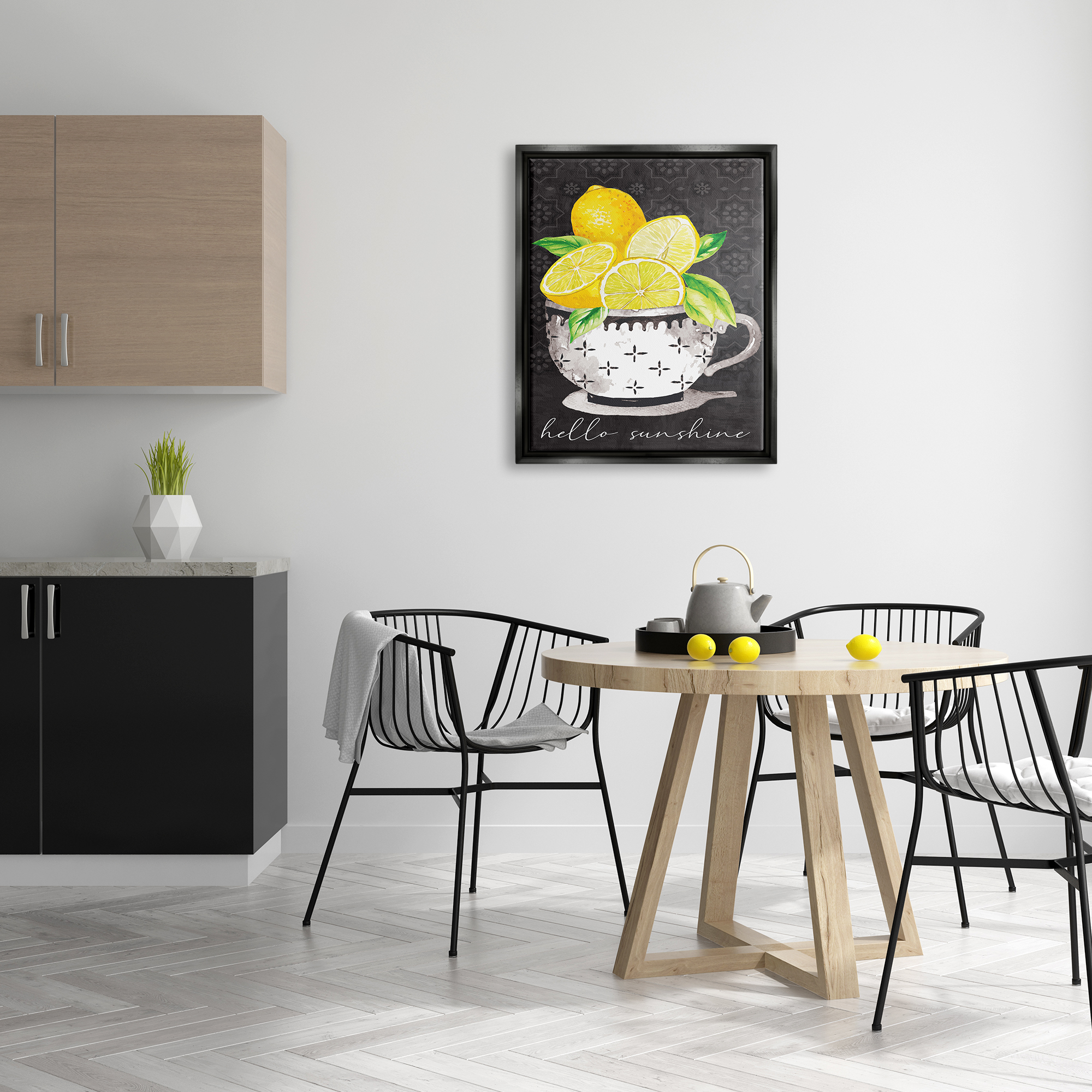 Stupell Hello Sunshine Lemons in Teacup Patterned Food & Beverage Painting Black Floater Framed Art Print Wall Art