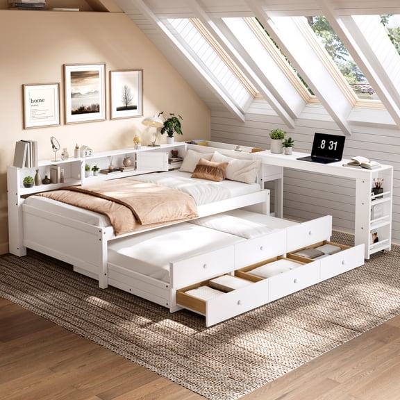 Twin Size Wood Daybed with Trundle, Daybed Frame with Storage Drawers, Side Shelves and Desk for Bedroom,White