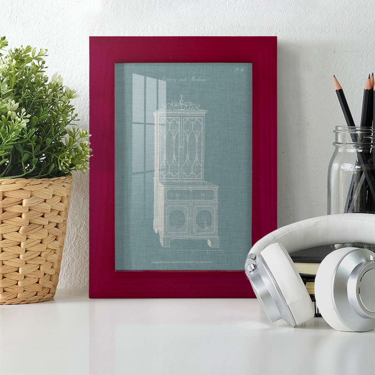Hepplewhite Desk & Bookcase III - Framed Print w/glass - Cherry Red