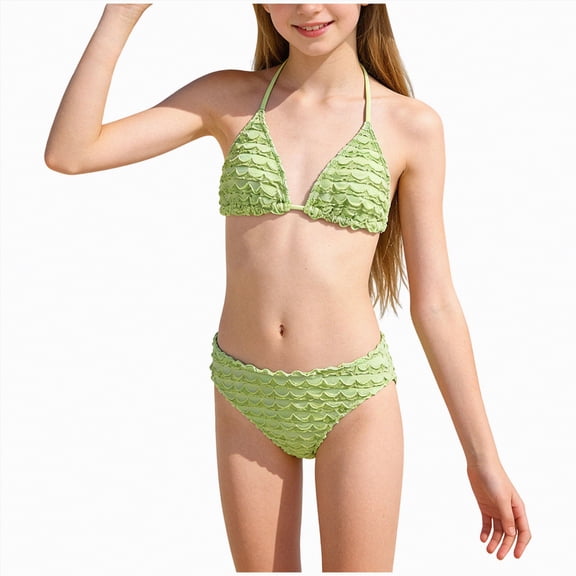 OYXSER Girls Swimsuits 2 Piece Bathing Suit for Teens Solid Color Tankini Cute Bikini Swimwear, Green 15-16Y