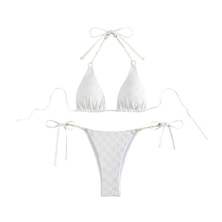 Oplxuo Women s Pearls Halter String Triangle Bikini Sets Tie Side Sexy Thong Swimsuits Cheeky Thong Two Piece Bathing Suit