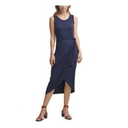 CALVIN KLEIN Womens Navy Stretch Belted Sleeveless Scoop Neck Midi Wear To Work Faux Wrap Dress 16