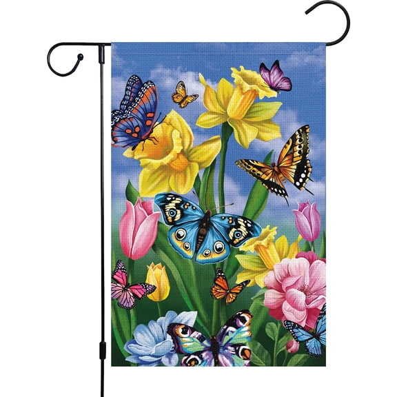 Spring Daffodil Garden Flag 12x18 Double Sided, Burlap Small Butterfly Floral Flower Welcome Yard House Outside Outdoor Summer Decoration