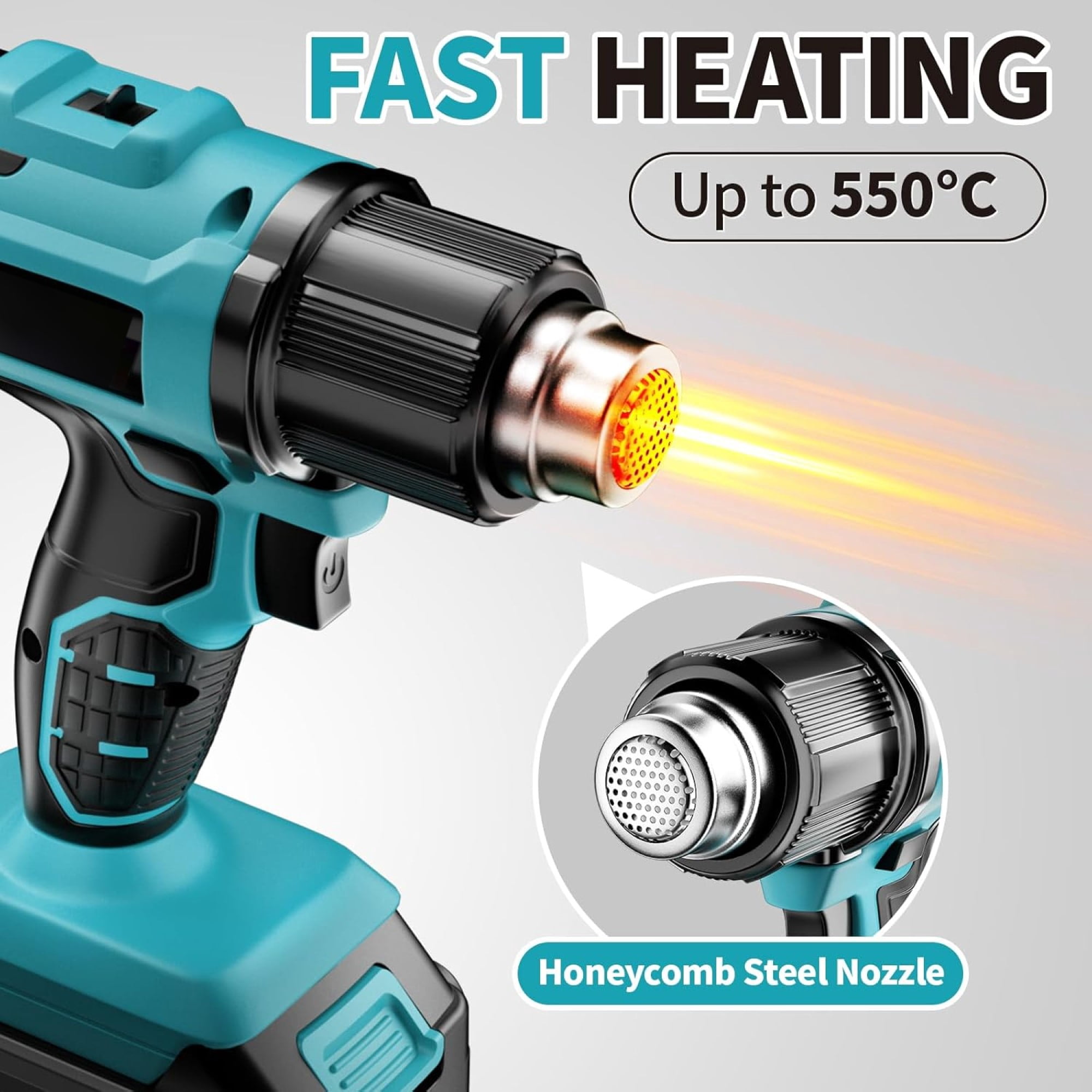 Pecham Heat Gun Cordless, Handheld Hot Air Gun Kit with 3 Nozzles, Max 550℃/1022℉, Portable Soldering Heat Gun with 2x6.5Ah Battery & Charger for Shrink Tubing, Vinyl Wrap, Craft