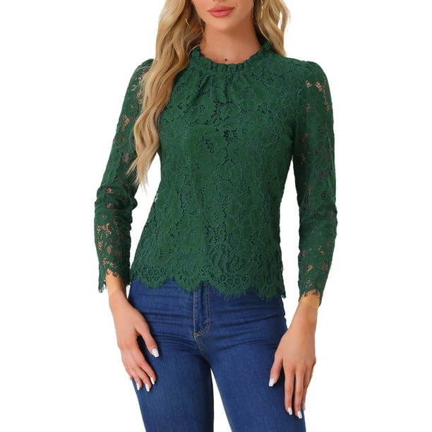 INSPIRAR CHIC Blusa Elegante de Manga Larga con Encaje y Cuello Volante, dobladillo Peplum, Floral, Talla XL, Verde Oscuro