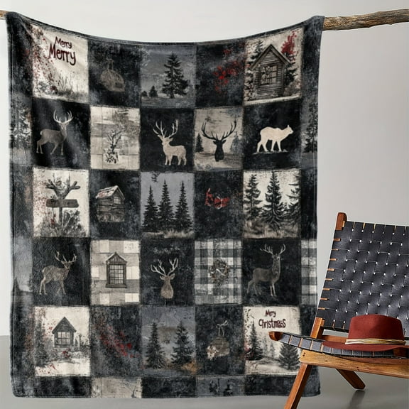 Vintage Christmas Flannel Throw Blanket with Moose, Cabin, and Pine Tree Print - Soft, Warm, and Comfortable for Sofa, Bed, Car, Office, Camping, Travel - All-Season Gift Blanket, Knitted Polyester