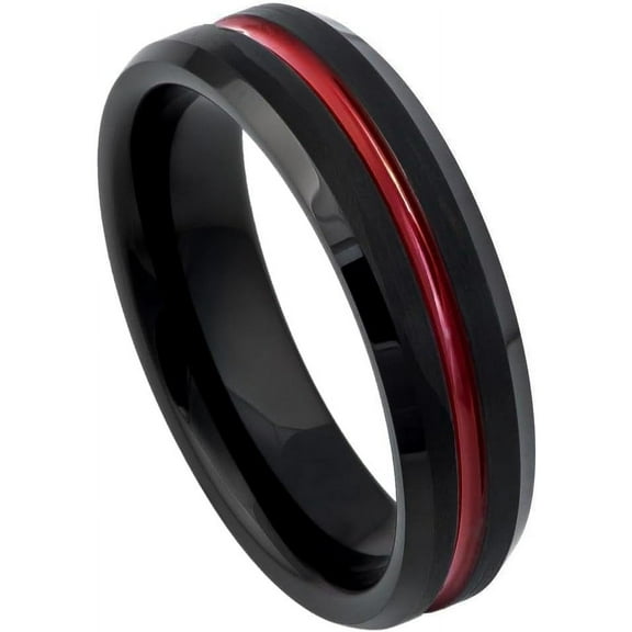 Ring for Men and Women Gifts With Thought Ring Red IP Plated Grooved Center, Black Brushed Beveled Edge – 6mm Wedding Band Ring Ideal Rings for Couples