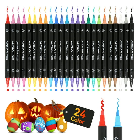 24 Colors Dual Tip Acrylic Paint Markers, Brush Tip and Fine Tip Acrylic Paint Pens for Rock Painting, Ceramic, Wood, Canvas, Plastic, Glass, Stone, Calligraphy, Card Making, DIY Crafts