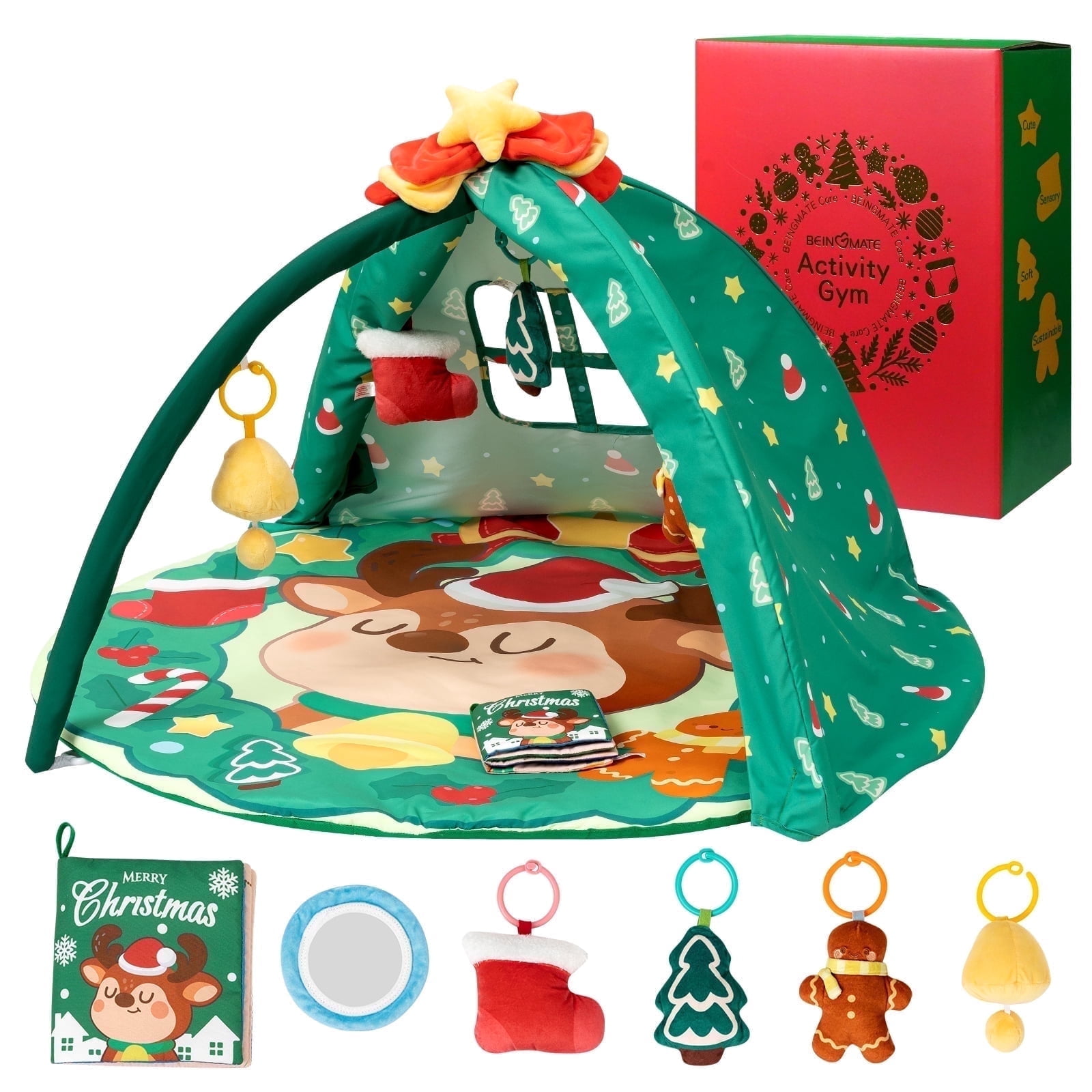BEINGMATE Care Play Gym Activity Extra Large Baby Playmat for Newborns Infants with 6 Detachable Toys, Christmas