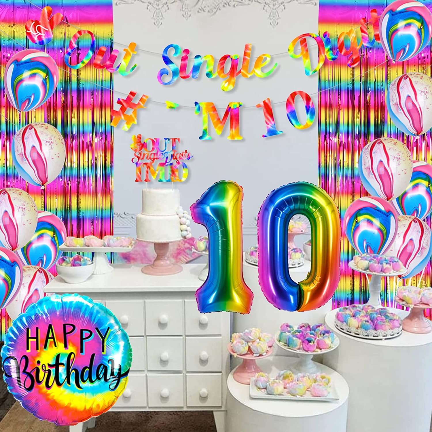Tie Dye 10th Birthday Decorations for Girls, Peace out Single Digits Hippie  Theme Party Decorations - Rainbow Balloon Garland Kit, Out Single Digits