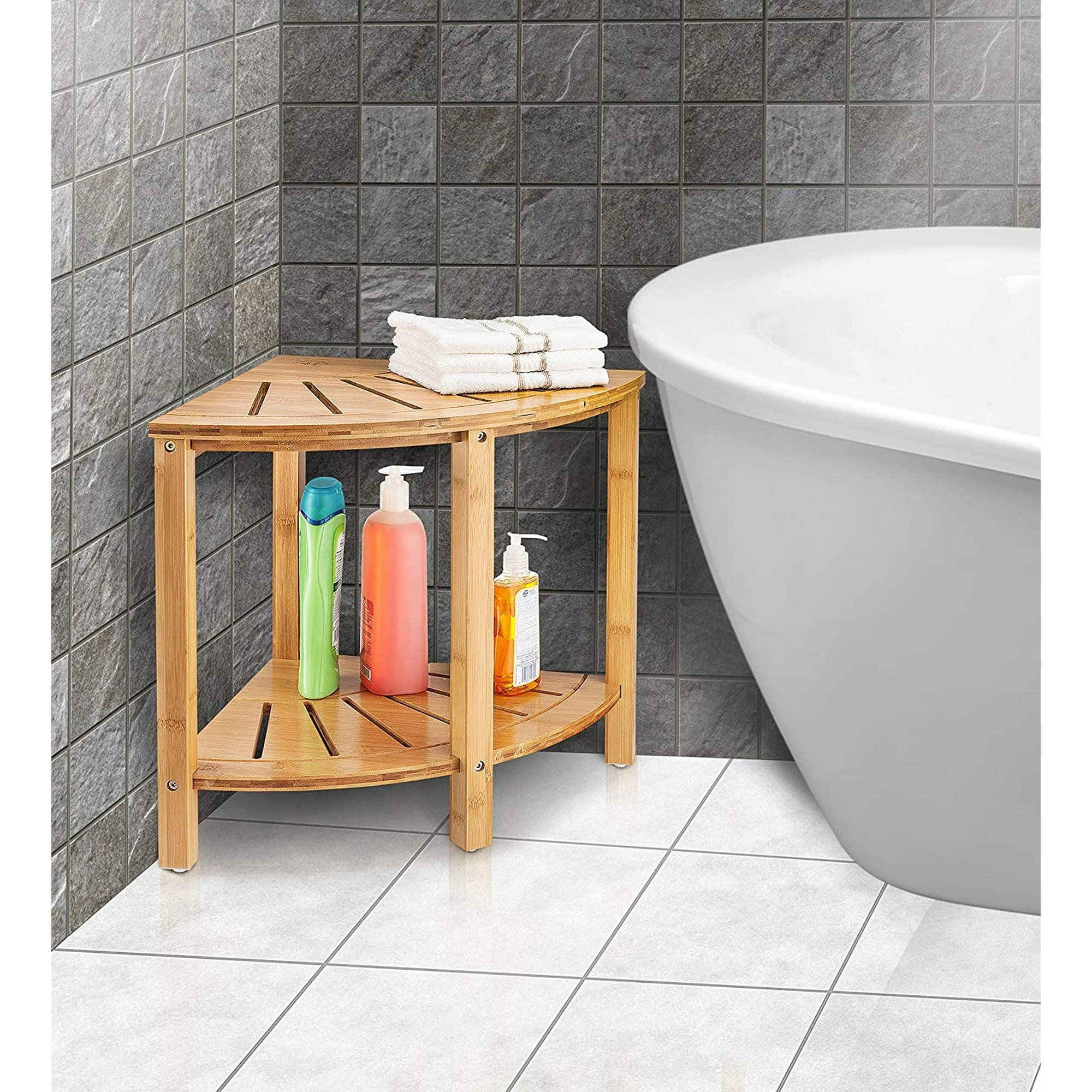 Bambusi Bamboo Corner Shower Bench Wood Spa Stool Bench with Storage Shelf for Bathroom Organization Perfect for Indoor or Outdoor Walmart