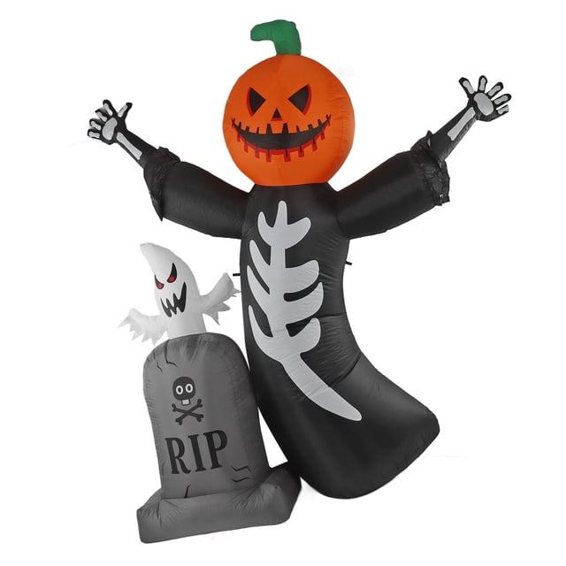 Halloween Inflatable Death Pumpkin Decoration, Weatherproof 210T Polyester Fibre Pumpkins With Built In LED Lights, Built In Blower, Decoration For Holiday