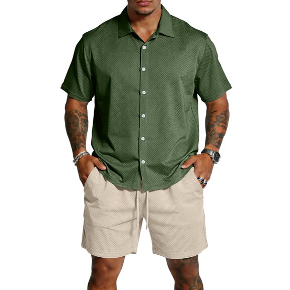 Men's Summer Beach Vacation Outfit Set, 2 Piece Short Sleeve Shirt & Shorts Matching Set, Casual Cruise Resort