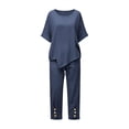 thumbnail image 7 of PRINxy Women All Match Linen Texture Two Piece Outfit Summer Crew Neck Short Sleeve Top Loose Wide Leg Pants Ladies Outdoor Leisure Daily Wear Suit Navy XL, 7 of 7