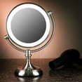 thumbnail image 6 of Ovente Lighted Makeup Mirror Tabletop 9.5 Inch 1X 10X Magnifier Dimmable 360 Degree Double Side Spinning LED Acrylic Edge Battery USB Powered Vanity Skin Care Circle Large Nickel Brushed MGT95BR1X10X, 6 of 9