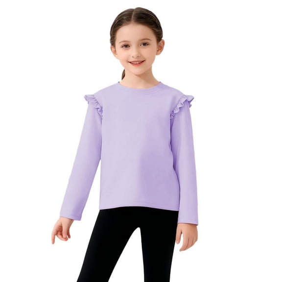 SERTG Girls Solid Color Lace Long Sleeve T-shirt Kids Round Neck Casual Cotton Spring Fall Comfortable Everyday Top(Purple,13-14 Years)